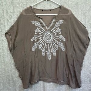 Sook Kim Tan Embroidered Kimono Top Tunic Size Medium